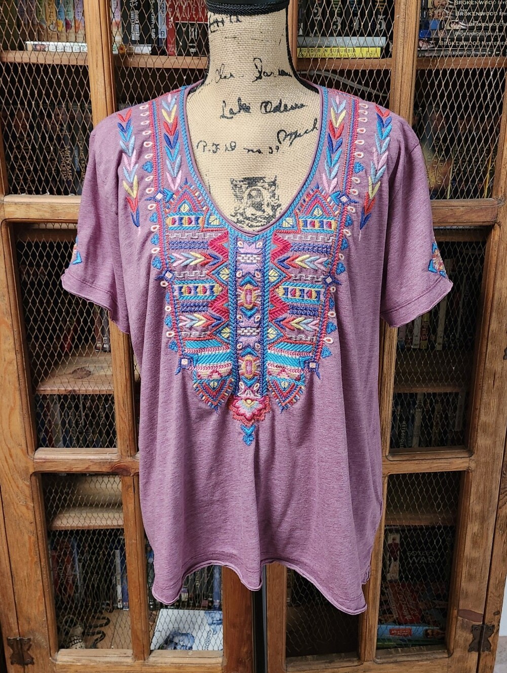 Johnny Was Mulberry Poly Cotton Embroidered Top Sz XL